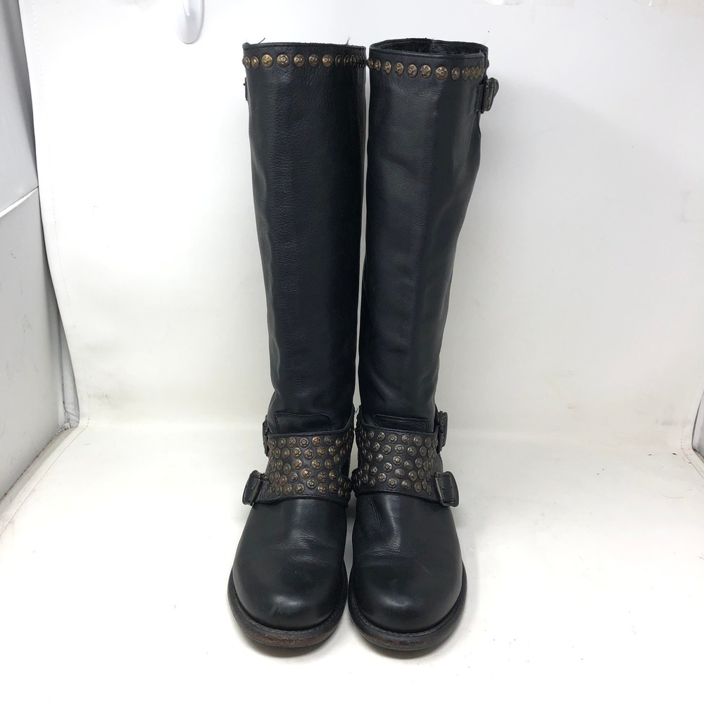 Frye Womens 10 Jenna Studded Harness Tall Boots Black Leather Buckle Moto - Picture 2 of 11